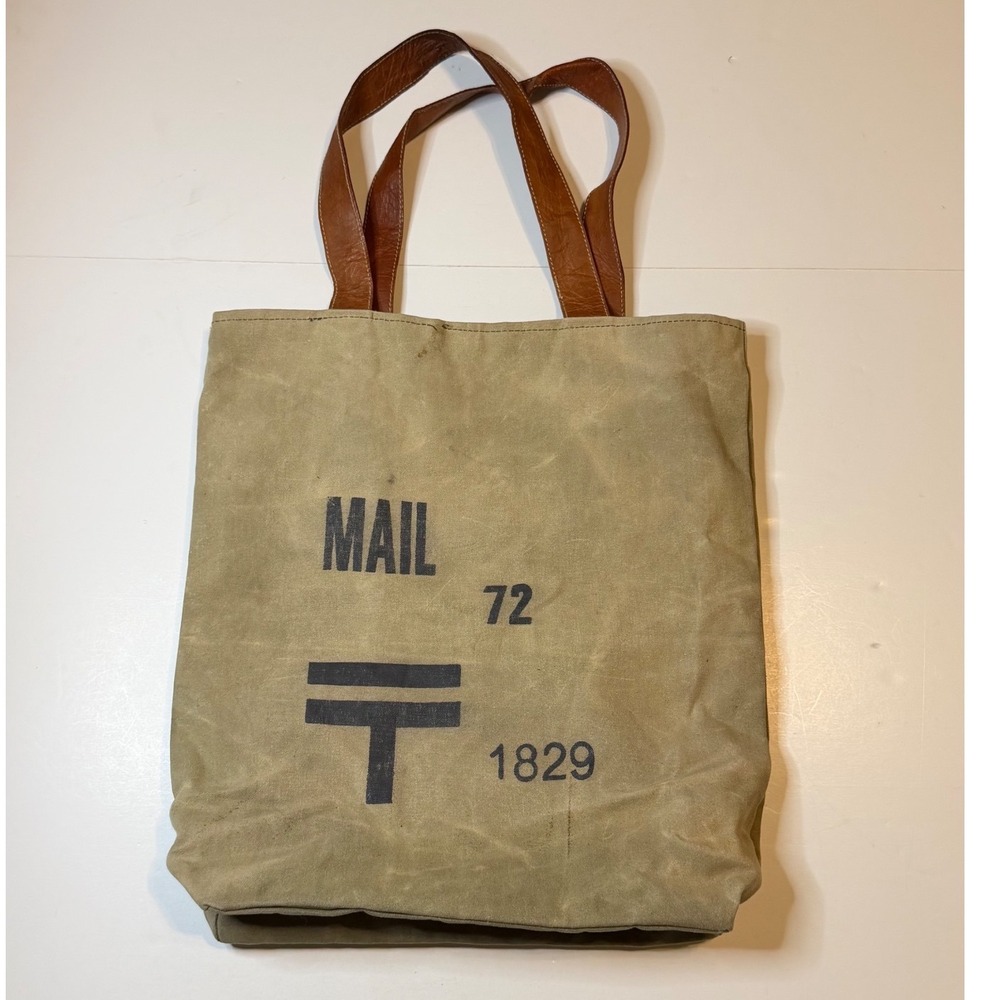 Vintage Reworked Tote Bag Green Waxed Canvas Leather Mail Bag